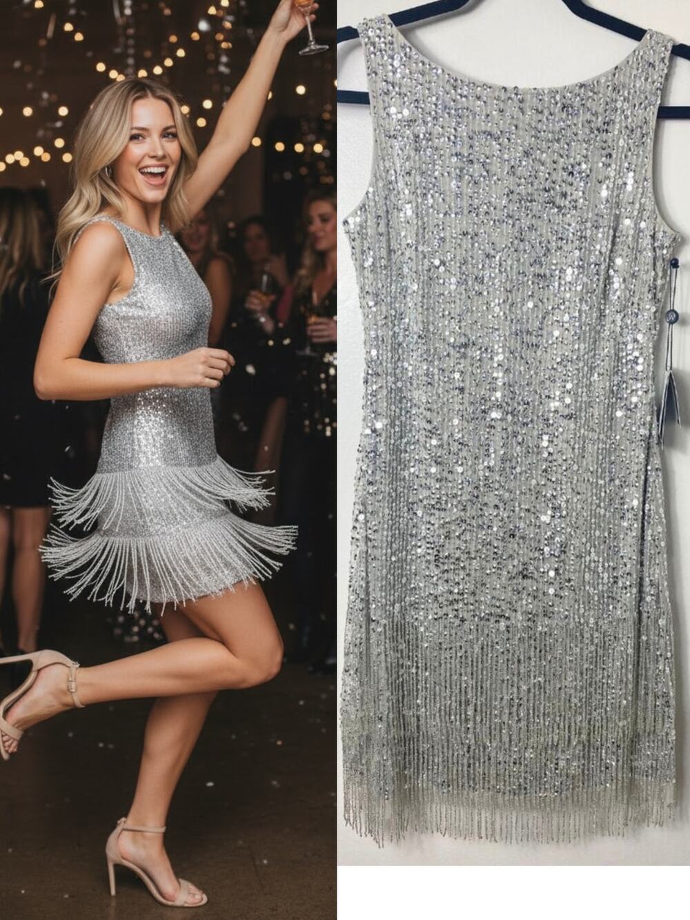 Adrianna Papell Silver Dress Sequin Beaded Wedding Guest Cocktail
